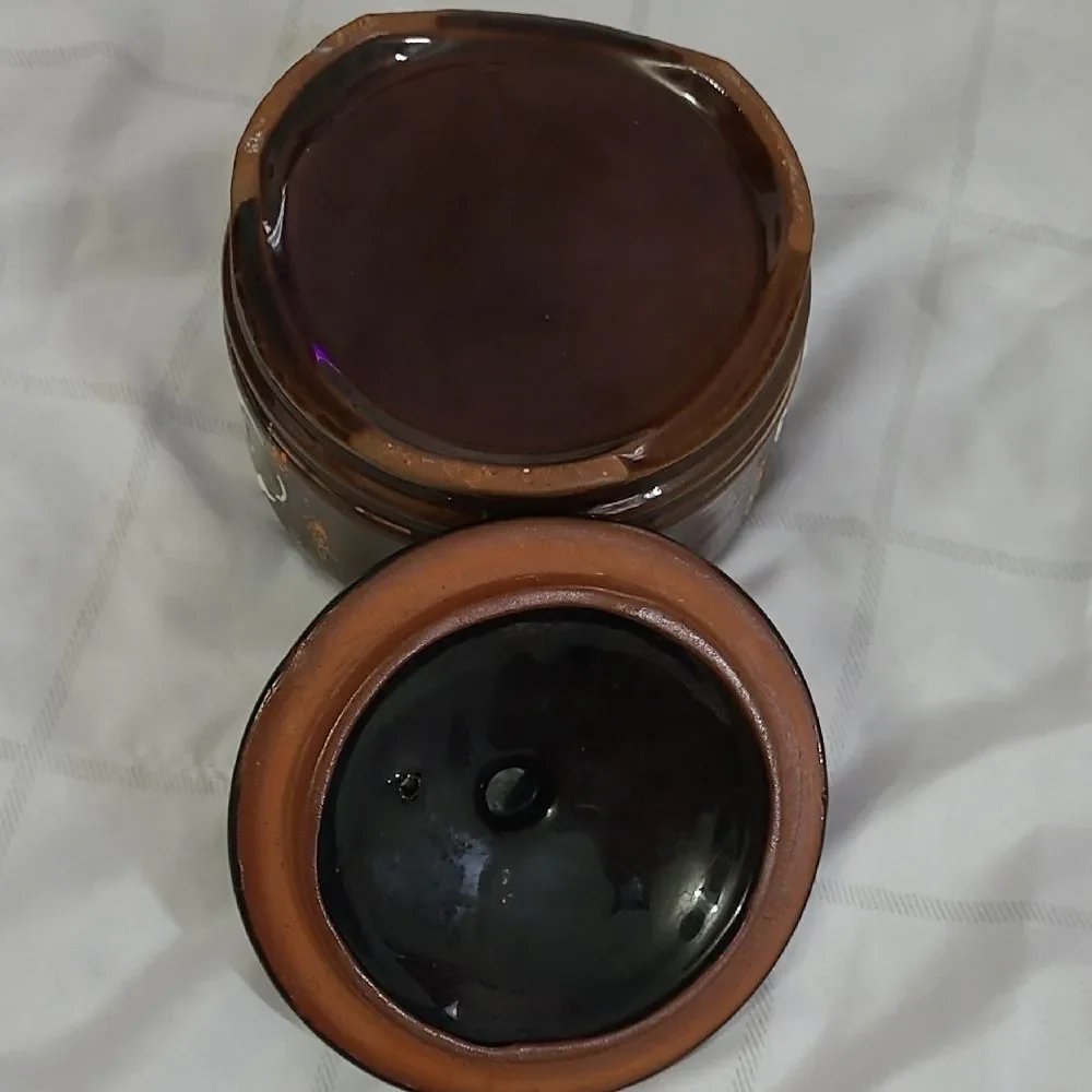 Vintage Handpainted Moriage Japan Pottery Brown Redware Bean Pot Jar Dish w/ Lid
